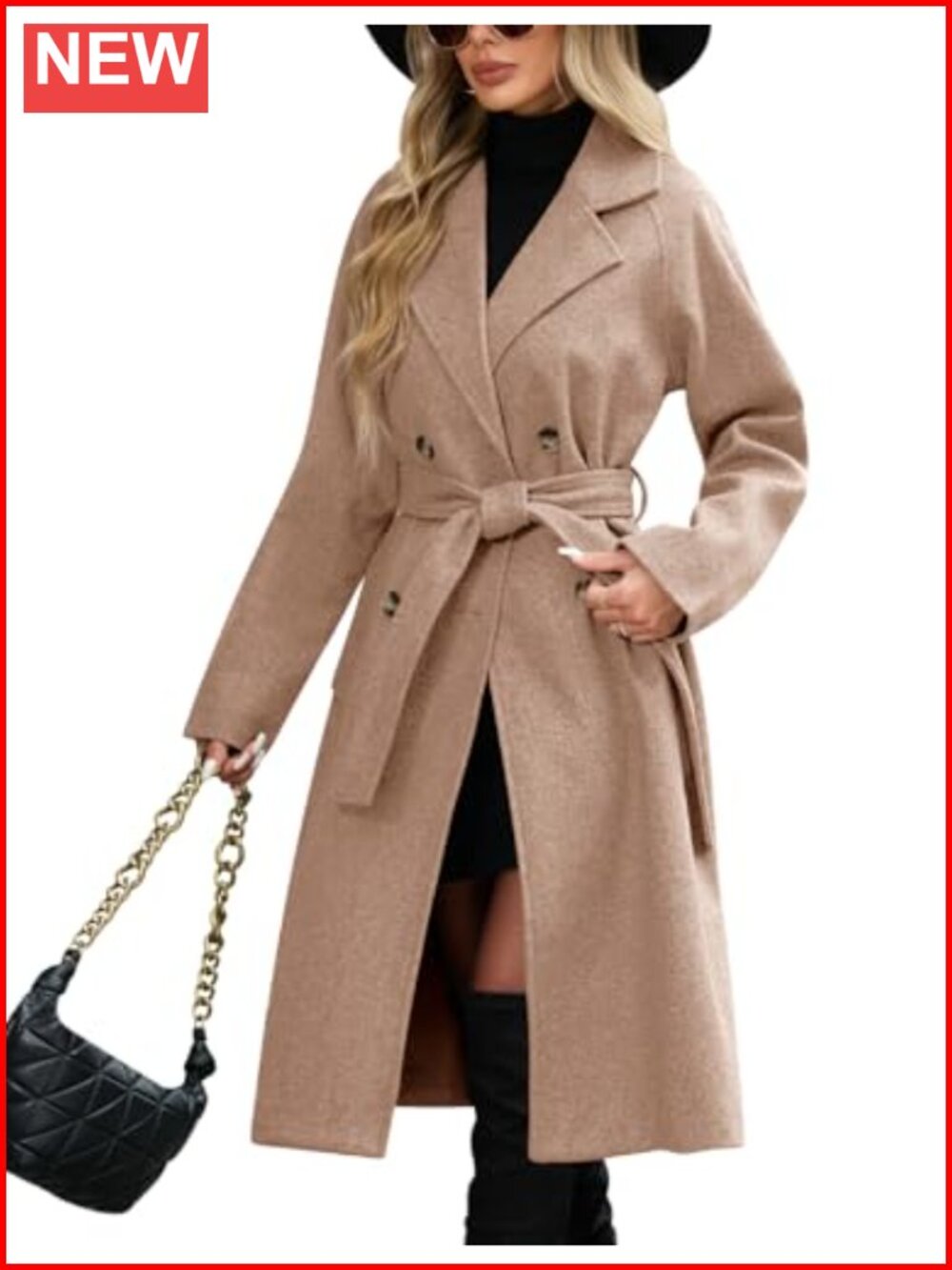 Women's Double-Breasted Pea Coat Notched Lapel Belted Long Sleeve